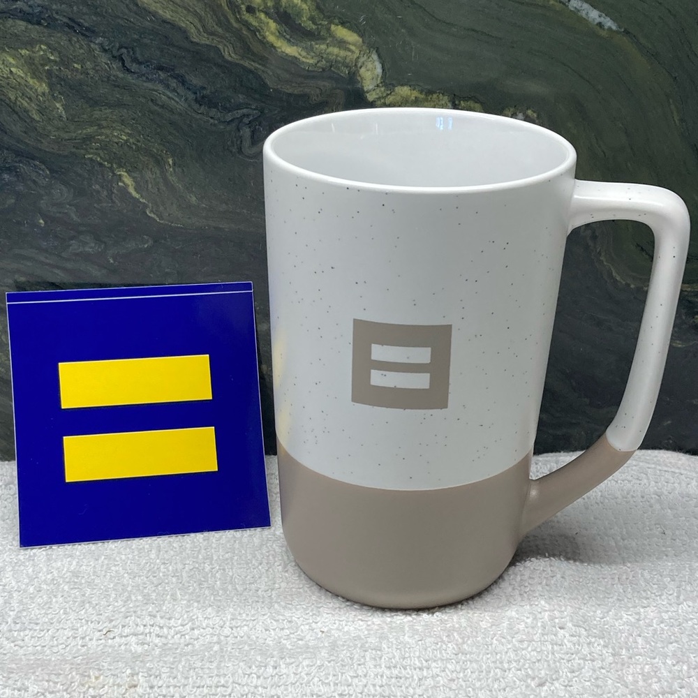 Ceramic Equality Mug Taupe White Speckled with Equal Sign Graphics New